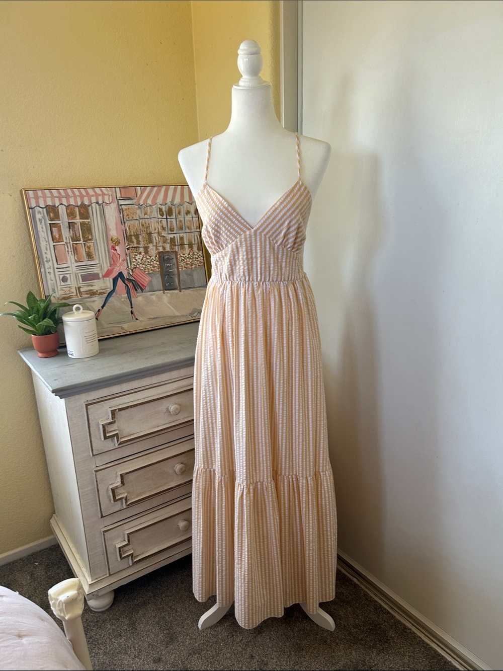 Women’s Yellow and White Striped Maxi Sundress with V-Neck